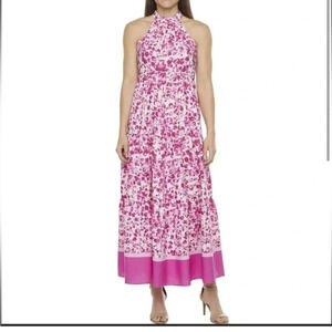 Melonie T Fuschia Floral Halter Maxi Dress size 16 NWT